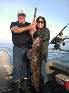 Two people holding up a brown spotted ling cod on a gaff. This fish was caught at Kodiak Sportsman's Lodge