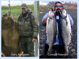 Man with halibut and man with two king salmon
